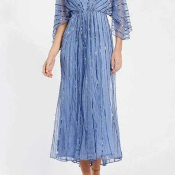 Mac Duggal Periwinkle Blue Beaded Kimono Sleeve A Line Midi Dress - Picture 2 of 6